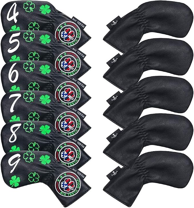 Big Teeth Golf Iron Covers Iron Head Covers, Lucky Clover Iron Covers Long Neck Golf Iron Head Covers, 11Pcs Golf Iron Covers Set Golf Club Covers for Irons Fit Taylormade SIM Cleveland Etc