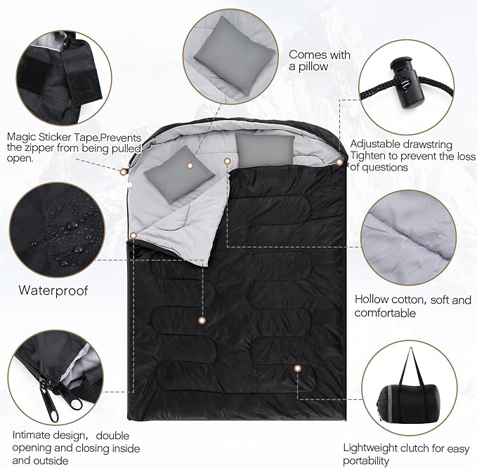 Tranqun 2 Pack Double Sleeping Bag for Adults, Queen Size Two Person Camping Sleeping Bag with Pillow Waterproof 3 Season Cotton Fabric for Hiking Backpacking Warm & Cold Weather