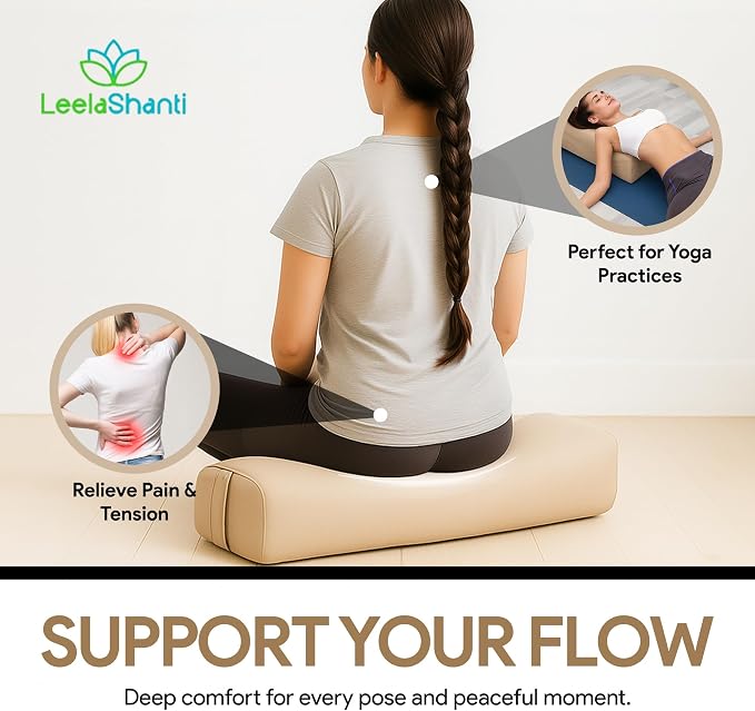 Rectangular Yoga Bolster Pillow for Meditation, Yoga & Back Support – Soft Meditation Cushion with Removable Hand Wash Cotton Cover & Carry Handle (beige)
