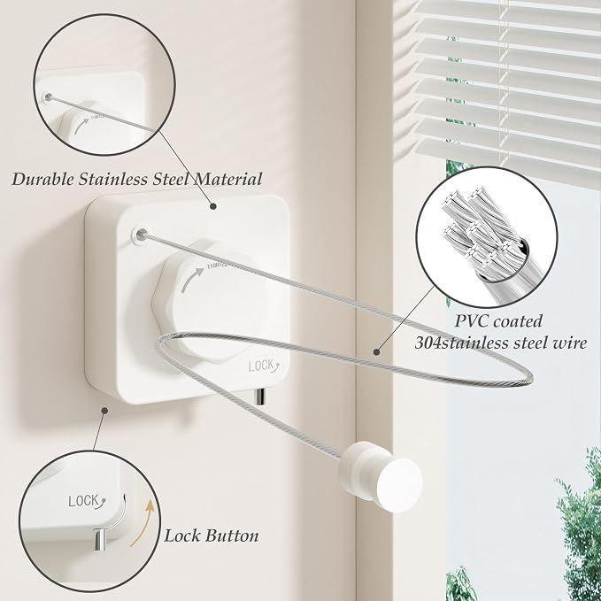 Danpoo Stainless Steel Retractable Clothesline Heavy Duty - 13.7ft Adjustable Tension Non-Drop Clothes Line, Rustproof Metal Wall Mounted Laundry Line(White)