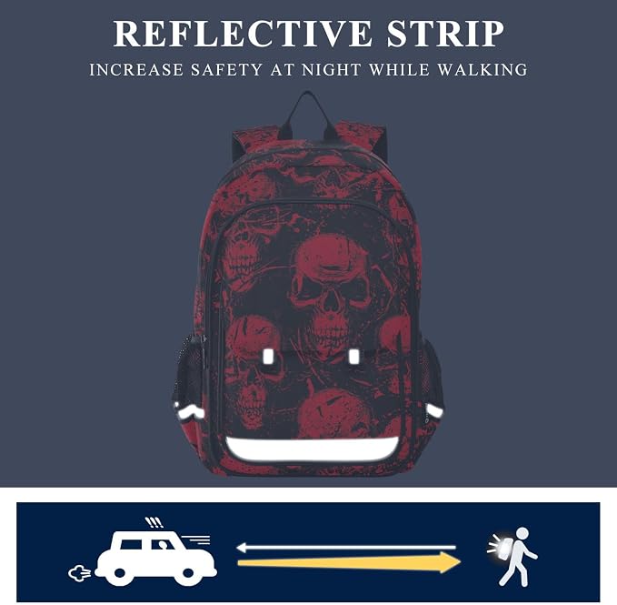 Fisyme Red Skull School Backpack Laptop Backpack Bags Bookbag Travel Casual Computer Notebooks Daypack