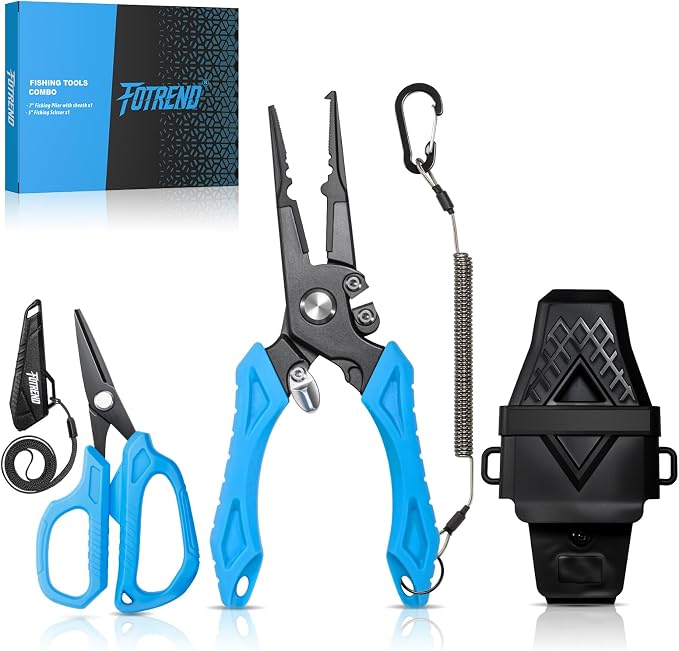 Fishing Tool Kit, Fishing Gear and Gifts for Men | Fishing Plier with Sheath, Fillet Knife, Fishing Scissors, Fish Lip Gripper, Tool Retractor, Keychain Bottle Opener