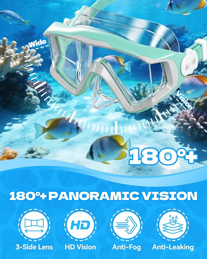 Aegend Snorkeling Gear for Kids Youth – 4-in-1 Snorkel Set with Anti-Fog Mask, Dry Snorkel & Adjustable Fins for Swimming, Diving, Snorkeling, Beach Vacation – Includes Travel Mesh Bag