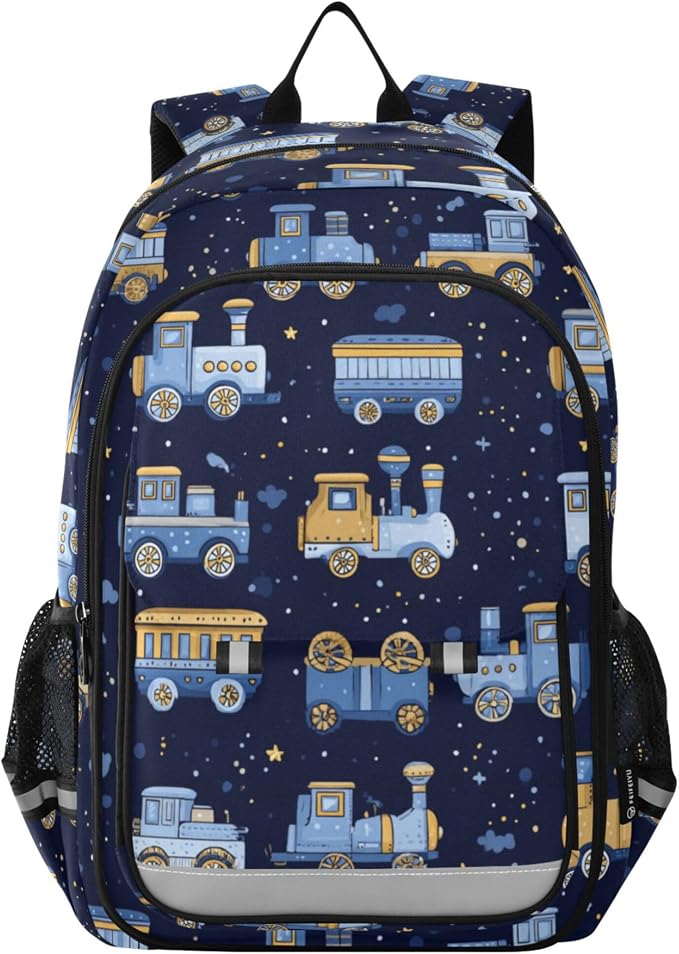 Fisyme Trains Cute Blue School Backpack Laptop Backpacks Bags Bookbag Travel Casual Computer Notebooks Daypacks