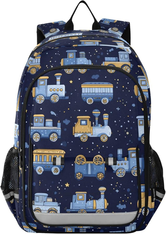 Fisyme Trains Cute Blue School Backpack Laptop Backpacks Bags Bookbag Travel Casual Computer Notebooks Daypacks