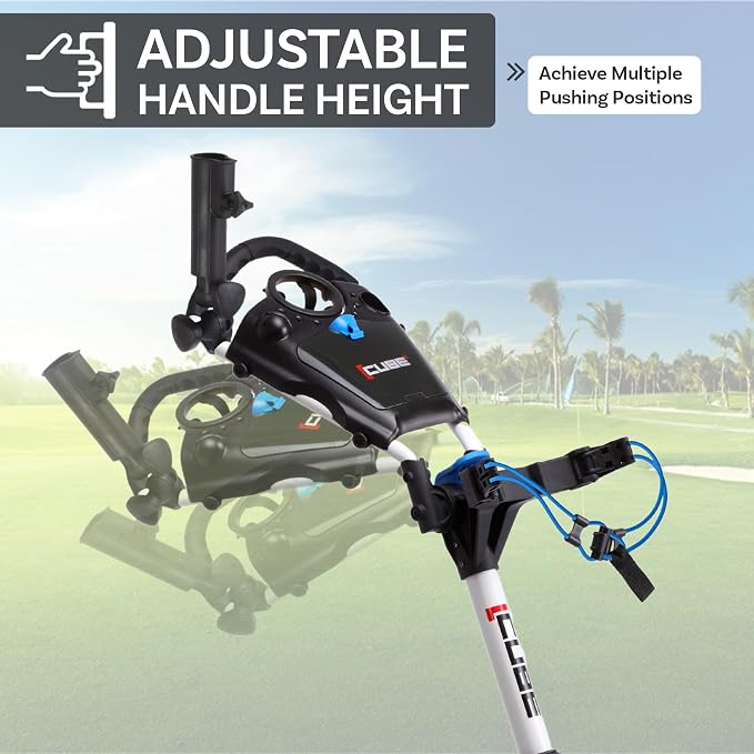 CUBE CART 3-Wheel Golf Push Cart – Ultra-Compact 14.5 lb Folding Golf Trolley, Two-Step Fold, Adjustable Handle, Foot Brake, Umbrella Holder & Built-in Storage