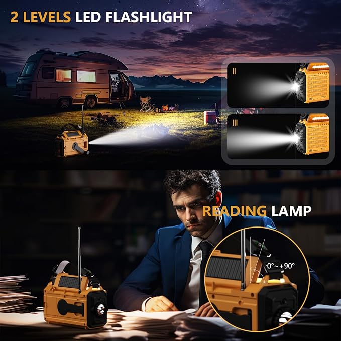 Emergency Weather Radio, 5 Ways Powered Crank Solar Radio, Portable AM/FM/SW/NOAA Weather Radio Battery Operated with Cellphone Charger, Camping Flashlight, Reading Lamp, SOS Alarm for Home Outdoor