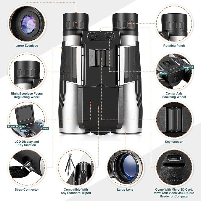 2.4" LCD Digital Binoculars with Camera for Adults, 12x32 Video Photo Recoder 48MP 2.5K for Bird Watching Hunting Concerts and Sports Game with 32GB Cards
