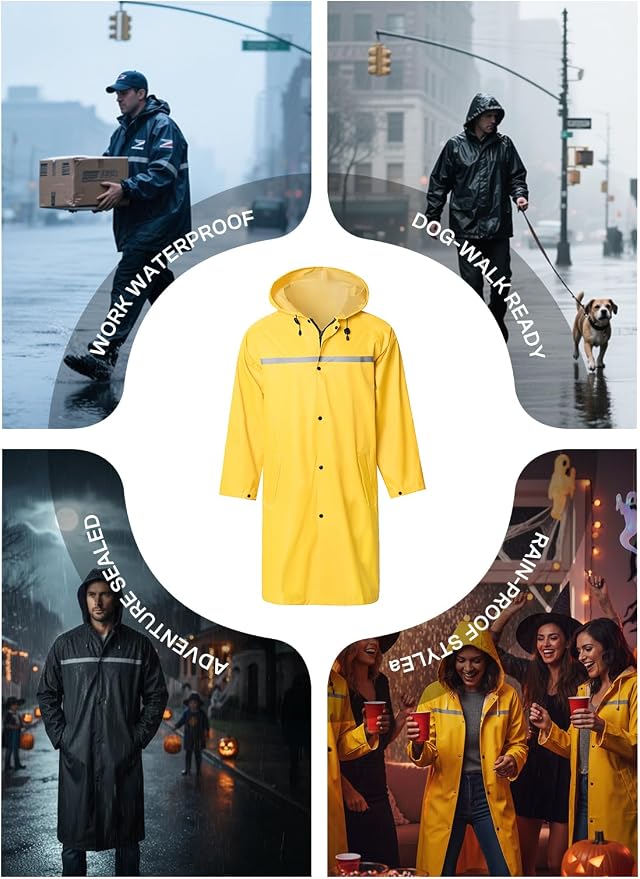 Mens Long Hooded Safety Rain Jacket Waterproof Emergency Raincoat Poncho
