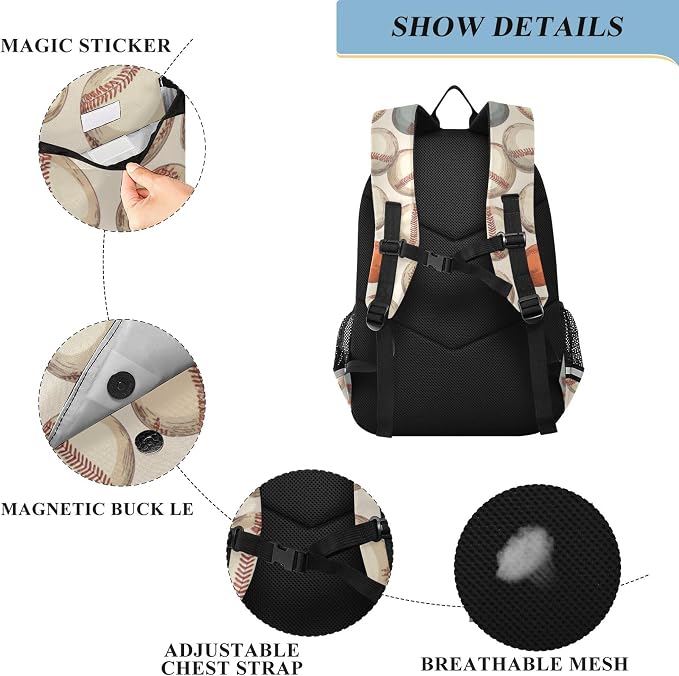 Fisyme Vintage Baseball Sport School Backpack Laptop Backpacks Bags Bookbag Travel Casual Computer Notebooks Daypacks