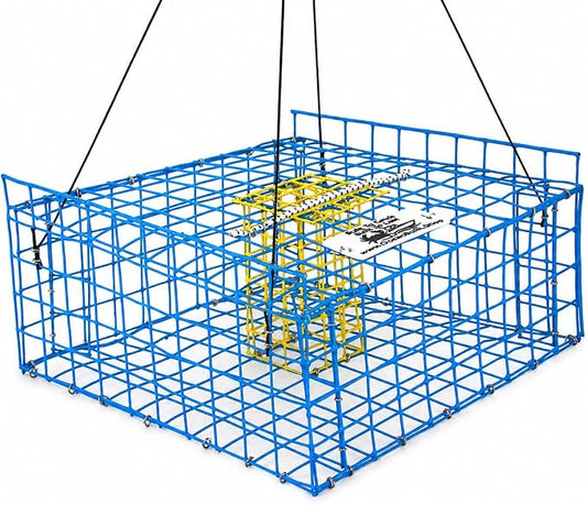 Folding Bridge Blue Crab Trap, Heavy-Duty Metal Wire Mesh Drop-Net, Collapsible Foldable Design, 15" x 15" x 7"