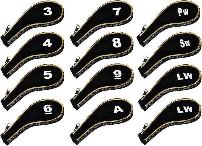 Andux Gold Golf Iron Club Head Covers No. on Both Sides Long Neck with Zipper 12pcs/Set