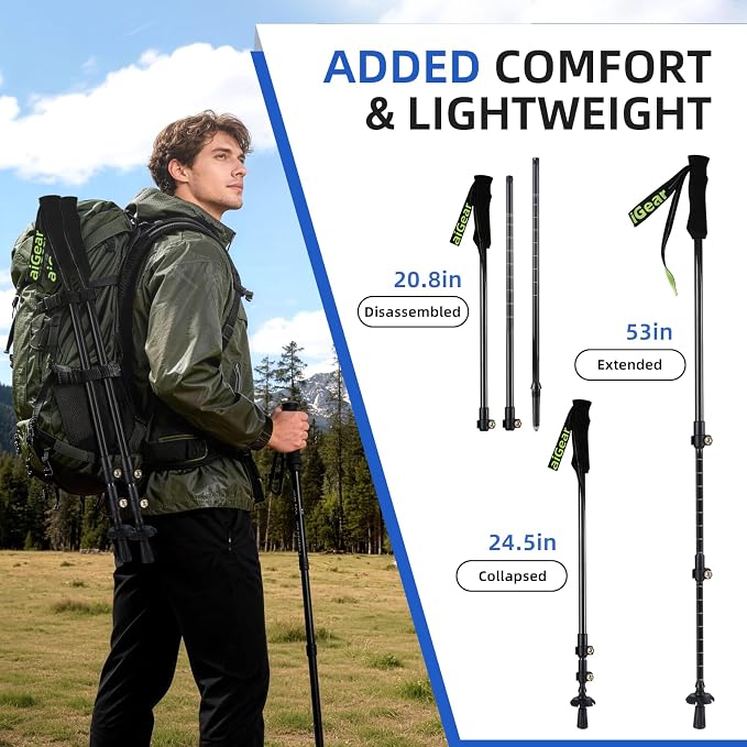 aiGear Carbon Fiber Trekking Poles, Ultra Strong Lightweight Collapsible Hiking Poles with Cork Grips Quick Flip Locks & All-Terrain Accessories for Men & Women Backpacking Camping