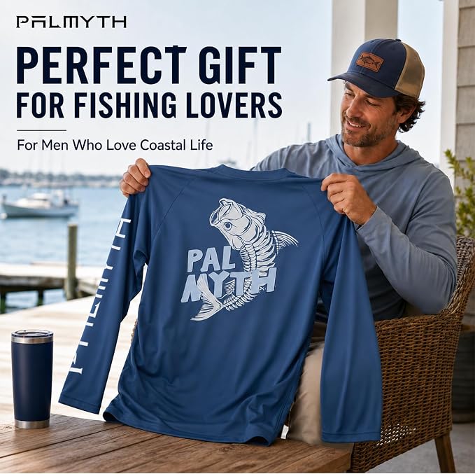 Palmyth Fishing Shirts for Men Long Sleeve UPF 50+ T Shirt Sun Protection | Quick Dry, Sun Protection, Myth-Cool Fabric, Fish Print, Moisture Wicking, Stretchy, Breathable, Fishing,Boating,Outdoor Wear