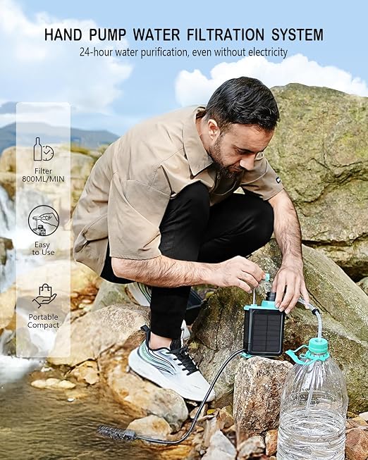 BKLES 3-in-1 Solar Electric Water Filter with Hand Pump - Camping Water Filtration System Survival, Portable Water Purifier with Emergency Light, Survival Kit for Backpacking, Gifts for Father's Day