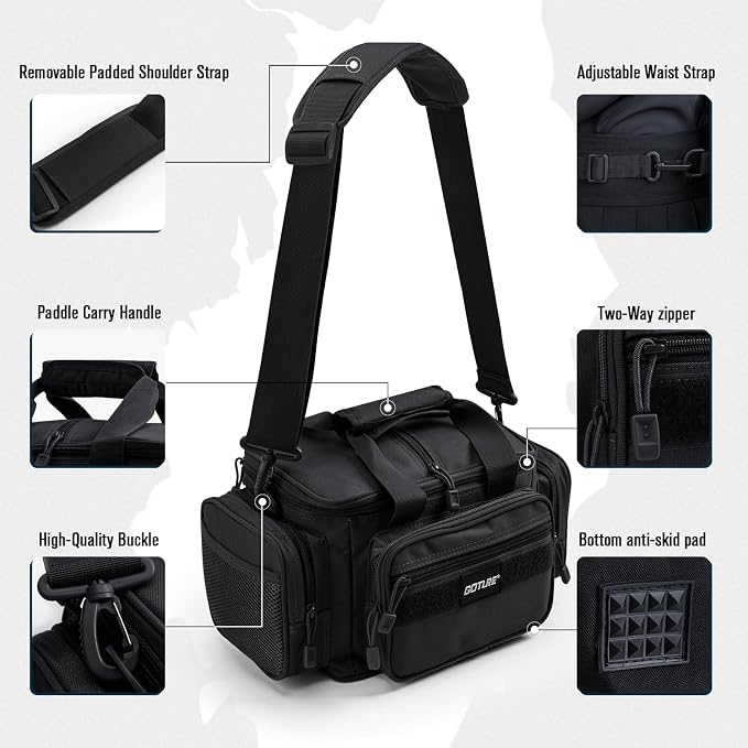 Goture Fishing Tackle Bag with 4 Tackle Boxes, Soft Side 600D Water-Resistant Cross Body Sling Fishing Bag, Small Saltwater Gear Storage Tactical Bags, Gifts for Men/Women (15.75"x9.45"x8.27")
