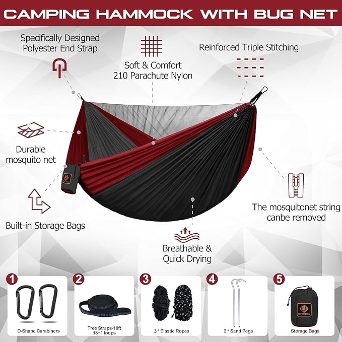 Camping Hammock with Mosquito Net,Lightweight 210T Nylon Hammocks,Portable Hammock with 10ft Tree Straps,Camping Gear Must Haves for Travel Hiking Backpacking Beach Patio-Black&Red