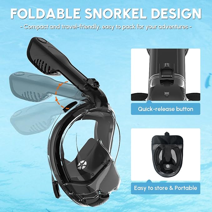 Yosmer Electric Full Face Snorkel Mask for Adults, Fan-Assisted Snorkeling Mask with Dry Top System, 180° Panoramic View, Anti-Fog Design, Foldable Travel Snorkel Gear