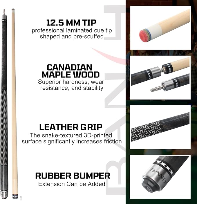 Banly Pool Cue Stick - 58" Canadian Maple Pool Cue 12.5mm Low Deflection Pool Stick Piano Lacquer Finish Professional Cue Stick