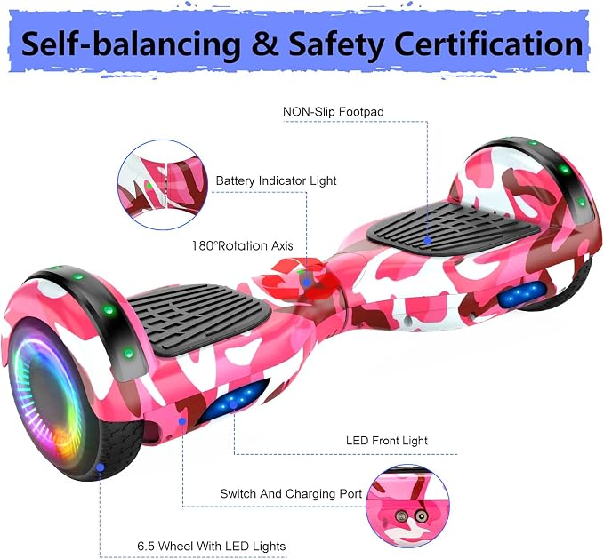 LIEAGLE Hoverboard, 6.5" Self Balancing Scooter Hover Board with Bluetooth Wheels LED Lights for Kids Adults