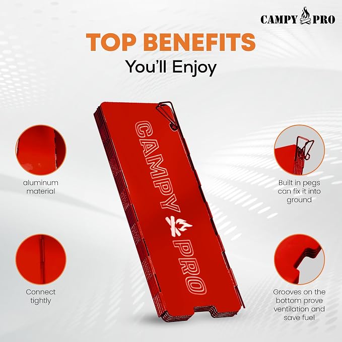 Red Camping Stove Windscreen, 12-Plates Premium Aluminum Wind Guard Shield, Foldable Portable Design with Storage Box, Heavy-Duty, Butane Burner Windshield for Outdoor Cooking