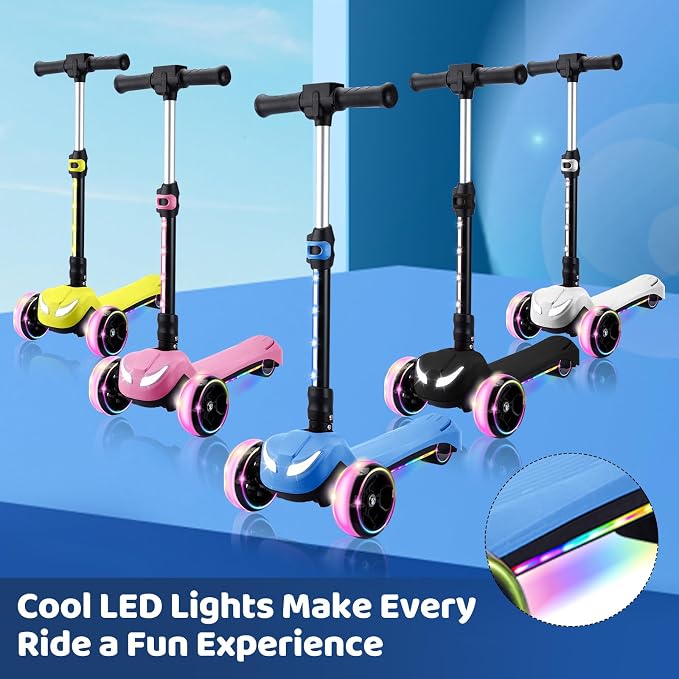 Electric Scooter for Kids w/150W Powerful Motor, Thumb Throttle, LCD Screen, Bluetooth, Light-Up Stem Deck & Wheels, 3 Adjustable Heights, 5MPH Safe Speed, 3 Wheel Electric Scooter for Kids