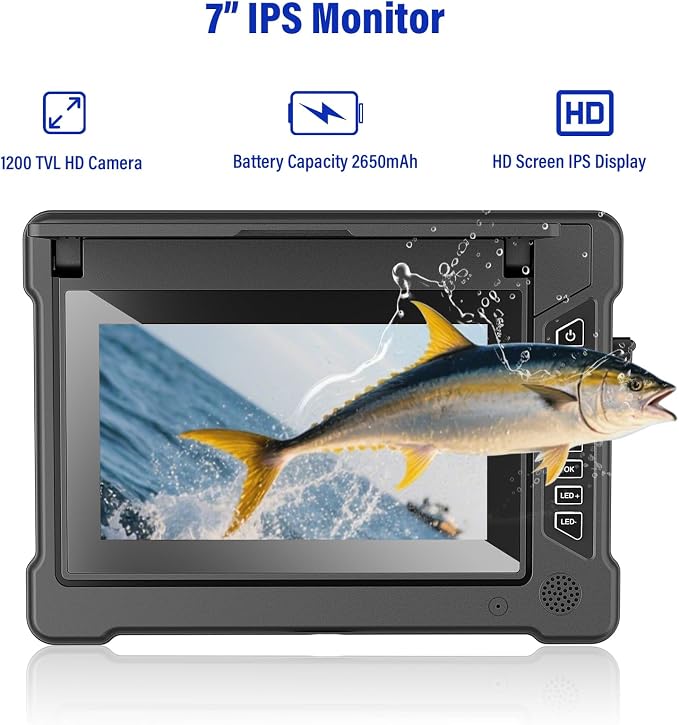 Underwater Fishing Camera, 7 inch HD IPS Monitor 1200TVL IP68 Wateproof Camera with 6 Pcs LED Lights + 6 Pcs IR Infrared Lights, 165°Wide Angle for Ice, Boat and Lake Fishing(50 FT/15 M)