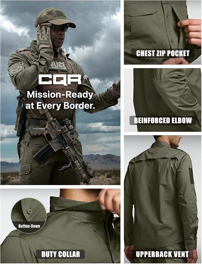 CQR Men's Long Sleeve Tactical Shirts, Ripstop Military Work Shirts, UPF 50+ Breathable Button Down Outdoor Hiking Shirt