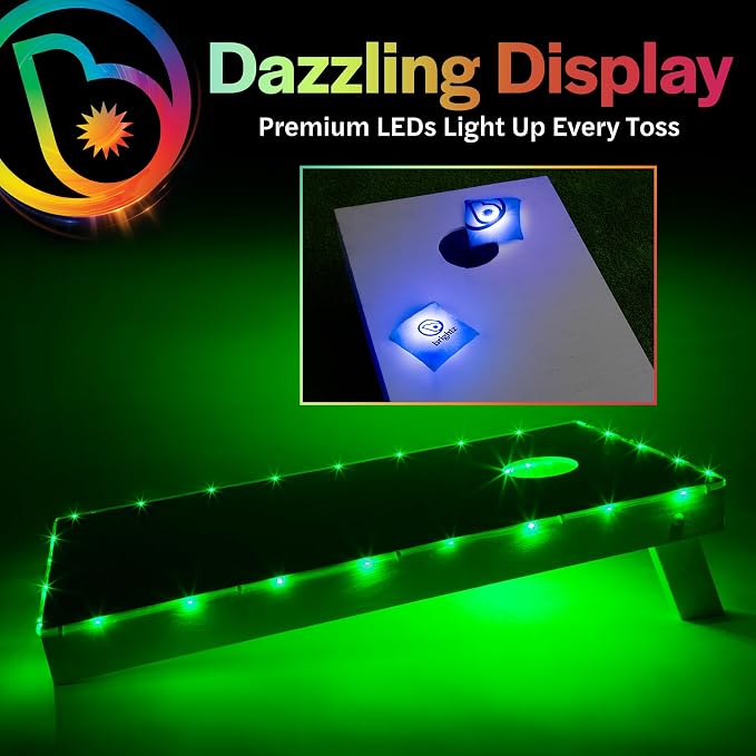Brightz Cornhole Board Edge Lights with LED Bags - Includes 4-Pack of LED Cornhole Bags + TossBrightz Cornhole Board Edge Lights - The Ultimate Night Time Cornhole Master Set