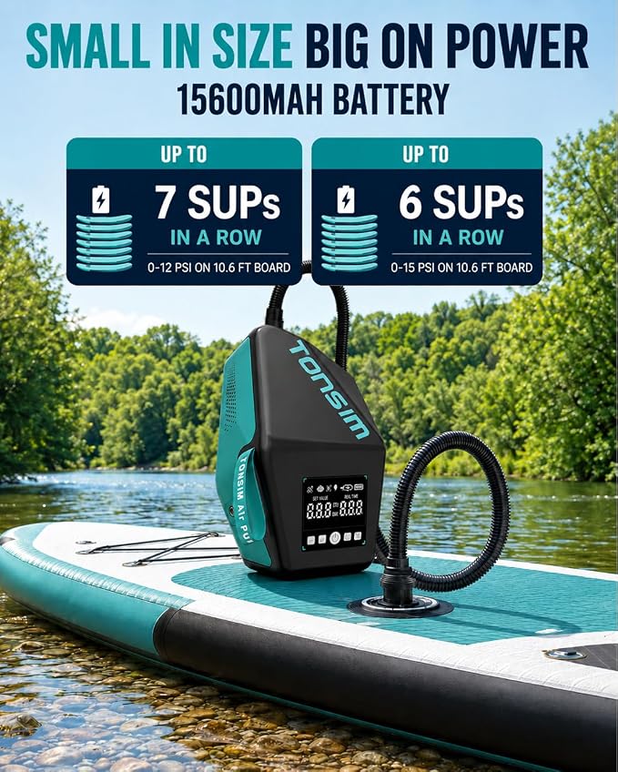 Tonsim Electric Paddle Board Pump Rechargeable 20 PSI, 15600mAh Cordless SUP Pump with 4 Modes, Dual-Stage Inflation & Deflation, Auto-Off, 12V DC Car Connector, LED Light, Black