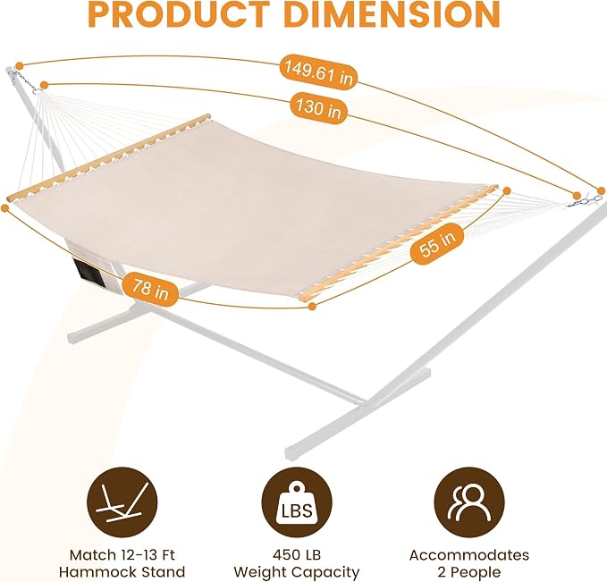 Lazy Daze Hammocks 11 FT Double Outside Hammock Quick Dry Olefin Fabric Hammock with Spreader Bar & Side Pocket for Outdoor Poolside Backyard 450 lbs Capacity, Beige