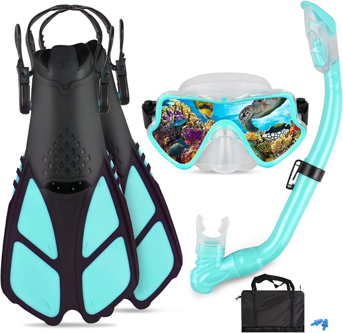 Kids Snorkeling Set - Adjustable Flippers + Panoramic Snorkel Mask + Dry Snorkel Tube + Travel Bags - Suitable for Kids & Juniors, Age 5-14