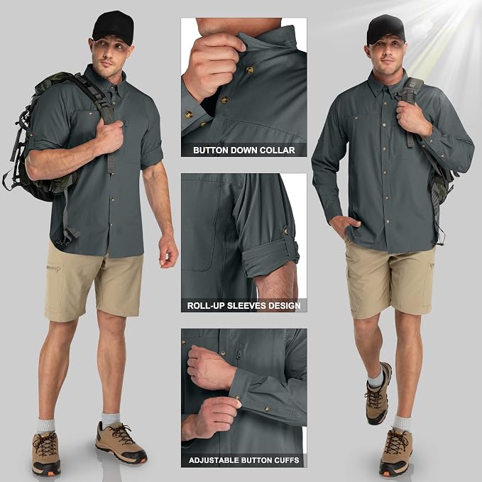 33,000ft Men's UPF 50+ UV Protection Long Sleeve Hiking Shirts Breathable Quick Dry Fishing Shirts for Safari, Outdoor