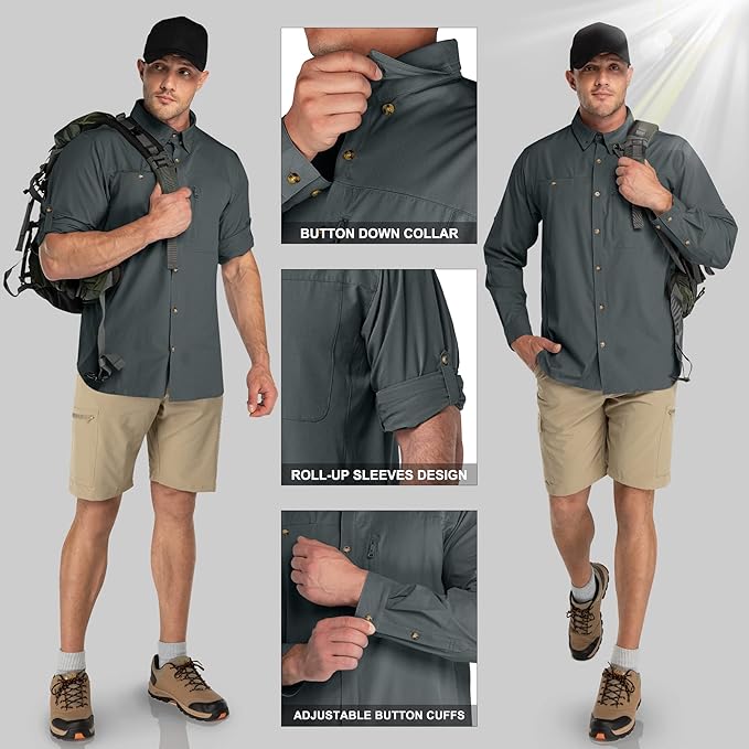 33,000ft Men's UPF 50+ UV Protection Long Sleeve Hiking Shirts Breathable Quick Dry Fishing Shirts for Safari, Outdoor