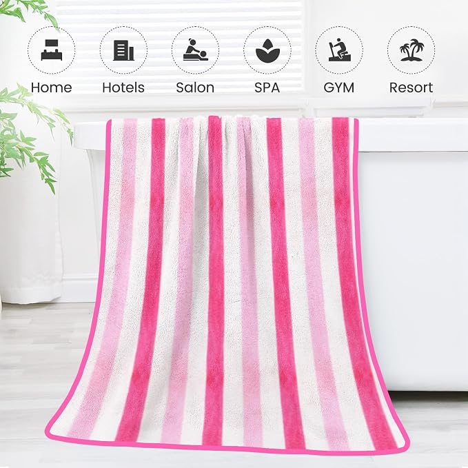 JML Microfiber Bath Towels Set of 4, Large Bathroom Towel for Adult, 30" x 60", Soft, Super Absorbent & Fast Drying, Use for Shower, Sauna, Sport, Fitness, Yoga, Cabana Stripe Pink