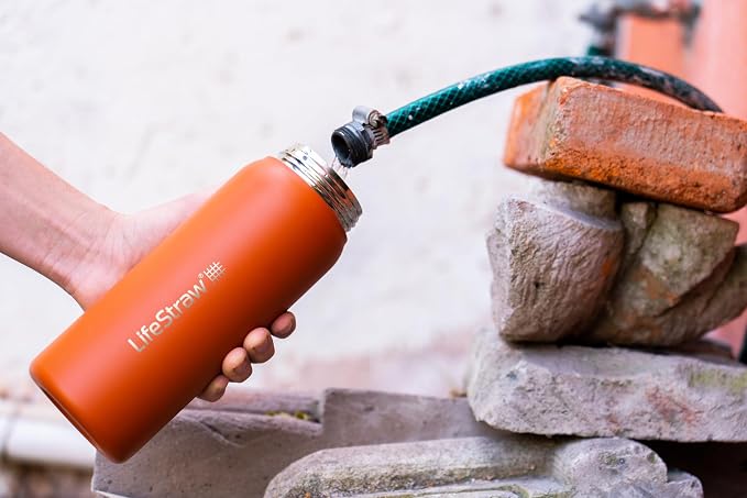 LifeStraw Go Series — Insulated Stainless Steel Water Filter Bottle for Travel and Everyday Use Removes Bacteria, Parasites and Microplastics, Improves Taste, 24 oz, Kyoto Orange