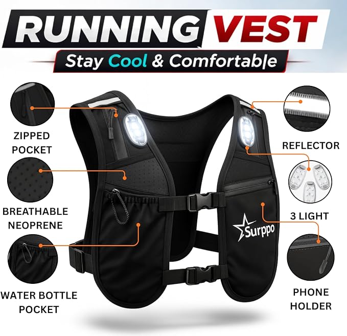 Running Hydration Vest with 3 LED Safety Lights and 500ml Soft Flask, Lightweight Reflective Running Vest for Women Men, Adjustable Chest Straps, Phone Pocket for Marathon Trail Night Running