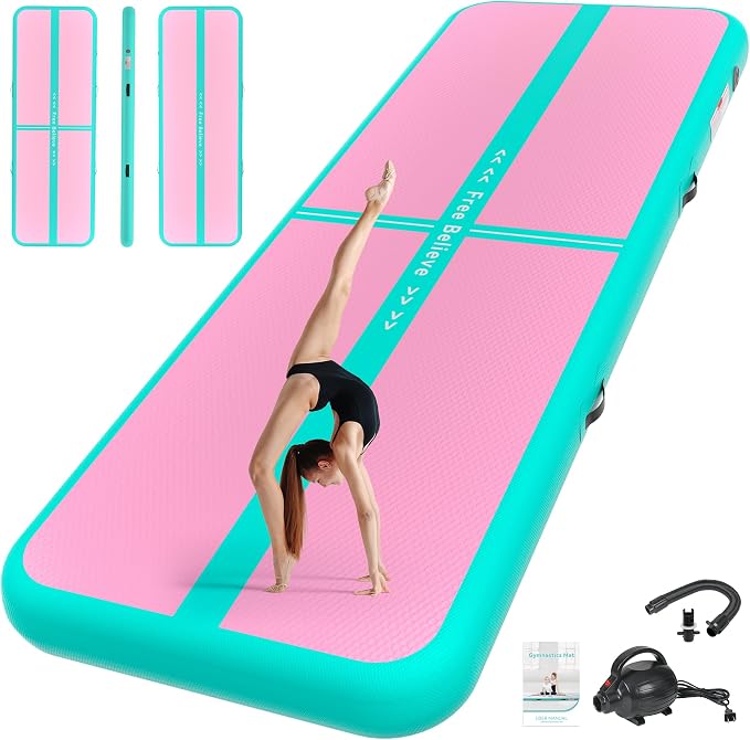 Pink Gymnastics Mat Inflatable Tumble Track Mats 10/13/16/20ft Training Mats for Home Air Mat for Kids with Pump 4”/6” Thick for Cheerleading/Yoga/Exercise/Parkour/Beach/Park/Water