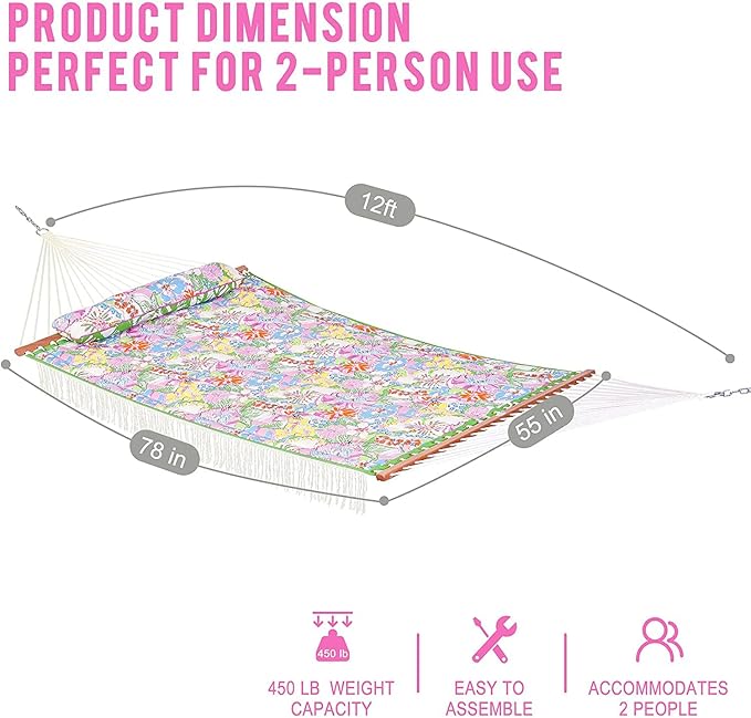Lazy Daze Hammocks 12 FT Double Quilted Fabric Hammock with Extra Large Soft Pillow and Carrying Bag, 2 Person Outdoor Hammock with Spread Bar and Elegant Tassels, Heavy Duty 450 lbs Capacity, Floral