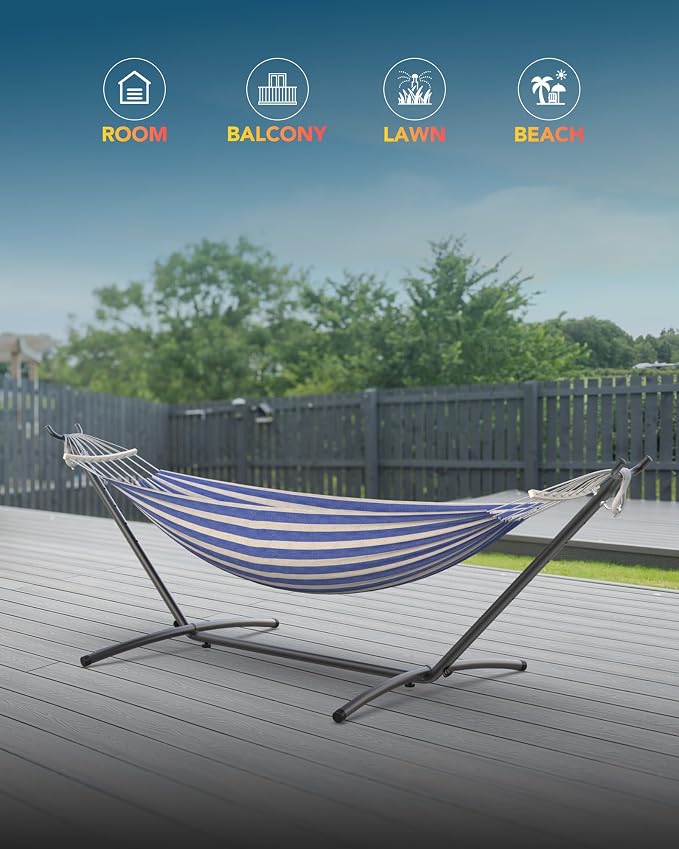 EveryFun Double Hammock with Heavy-Duty Steel Stand,Portable,Easy Assembly,600lbs Weight Capacity,Perfect for Indoor,Yard,Camping,or Outdoor-BlueWhite