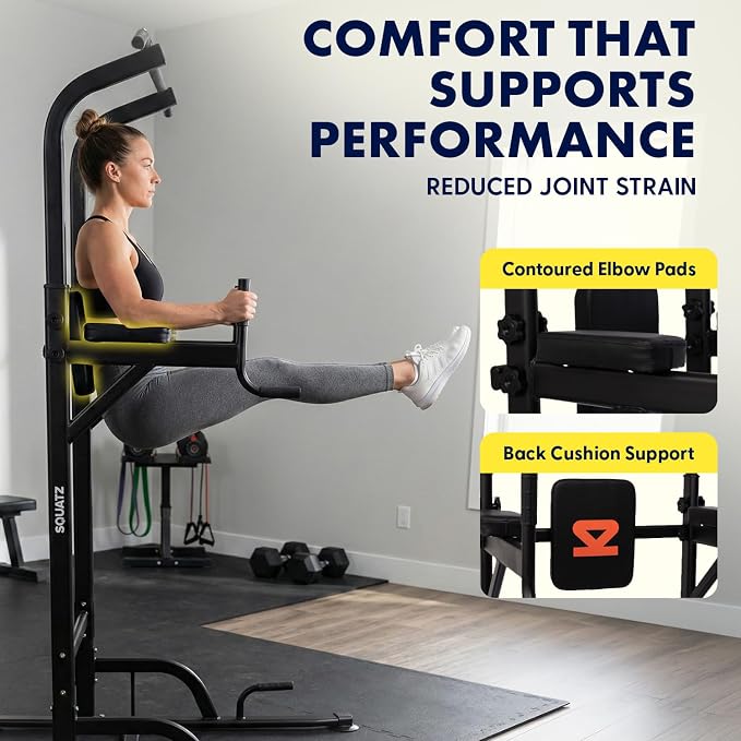 SQUATZ Power Tower Pull Up Station with Free Standing Pull Up Bar, Multi-Grip Workout Frame with 6 Adjustable Heights, H-Base Stability, Steel Construction, 330 lb Capacity for Home Gym, Black