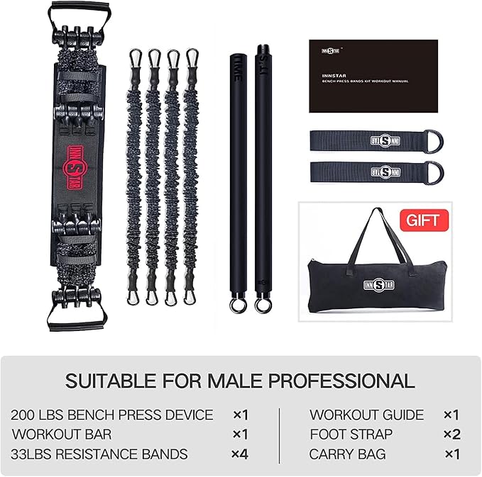 INNSTAR Portable Home Gym Set with Workout Bar, Bench Press Set, Squat Resistance Band, Door Anchor and More-Full Body Workout Equipment to Build Muscle and Shape Body