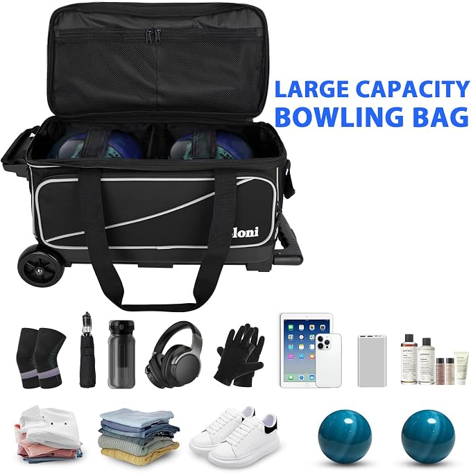 Goloni 3 Ball Bowling Bag with Wheels, 2+1 Double Roller Bowling Bag with Shoe Compartment,Tote Bag for Bowling Accessories