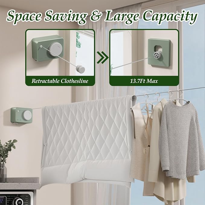 Danpoo Retractable Clothesline Heavy Duty - 13.8ft Adjustable Tension Wall Mounted Indoor Outdoor Clothes Drying Line, Compact Laundry Rope with Pulley System(Green)