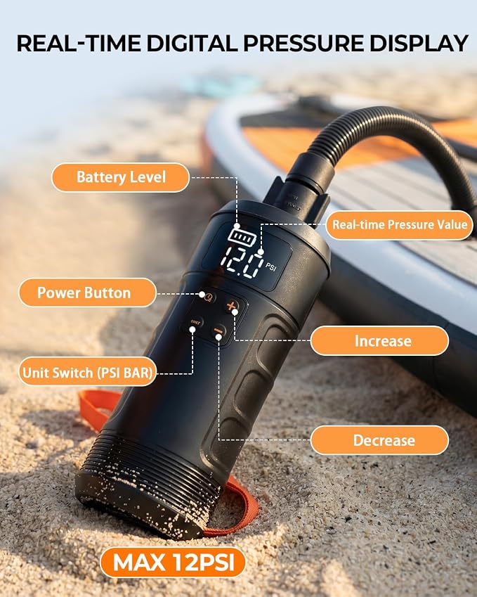 Compact Rechargeable SUP Pump, Lightweight Cordless Electric Paddle Board Pump, 12 PSI Portable Inflator with Auto Shut-Off for Stand Up Paddle Boards, Kayaks and Pool Floats