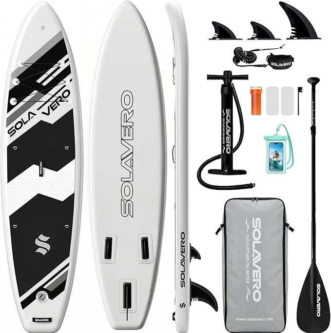 SOLAVERO Stand Up Paddle Board, 11‘ Inflatable SUP Supports 500LB - Wide Stable Board with Non-Slip EVA Deck for Adults & Youth of All Skill Levels