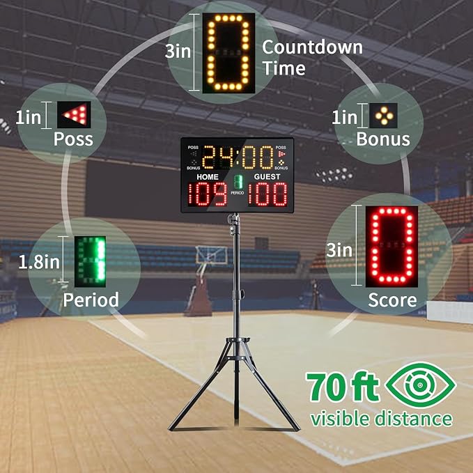 Portable Digital Scoreboard with Remote, LED Electronic Score Keeper, Battery Powered Basketball Score Board, Outdoor Scoreboard for Indoor Outdoor Courts & Sports Events