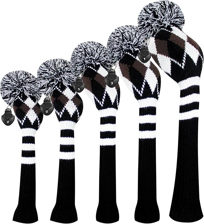 Scott Edward Knit Golf Club Cover with a Pom Set of 5 Head Covers Protect Driver Wood(460cc) 1 Fairway Wood2 and Hybrid/UT2 with Rotating Club Number Tags