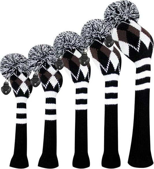 Scott Edward Knit Golf Club Cover with a Pom Set of 5 Head Covers Protect Driver Wood(460cc) 1 Fairway Wood2 and Hybrid/UT2 with Rotating Club Number Tags