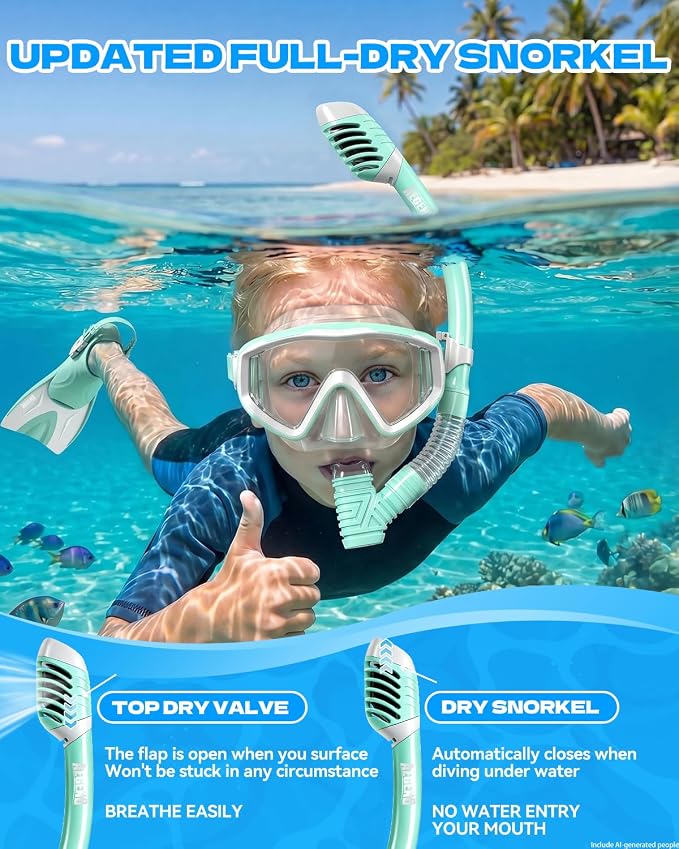 Aegend Snorkeling Gear for Kids Youth – 4-in-1 Snorkel Set with Anti-Fog Mask, Dry Snorkel & Adjustable Fins for Swimming, Diving, Snorkeling, Beach Vacation – Includes Travel Mesh Bag